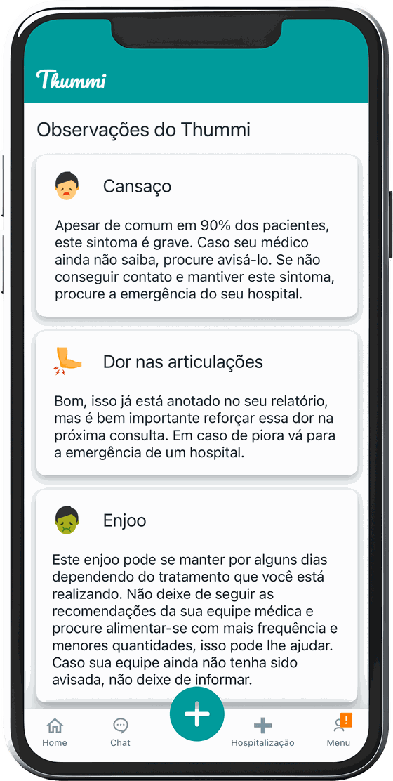 Tela do app Thummi com as observações do Thummi: orientações personalizadas para cada sintoma relatado, como cansaço, dor nas articulações e enjoo